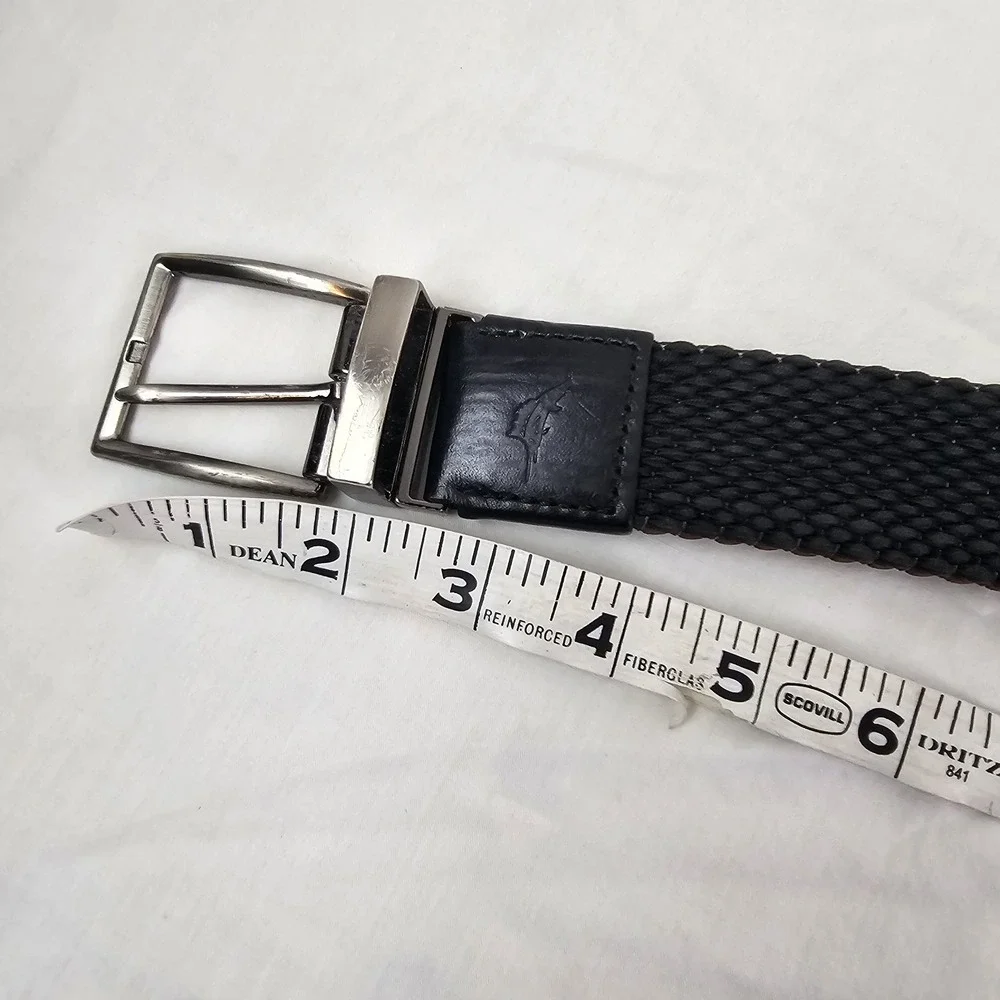 TOMMY BAHAMA Mens L XL Braided Cotton Woven Black Leather Trim Belt Silver Work